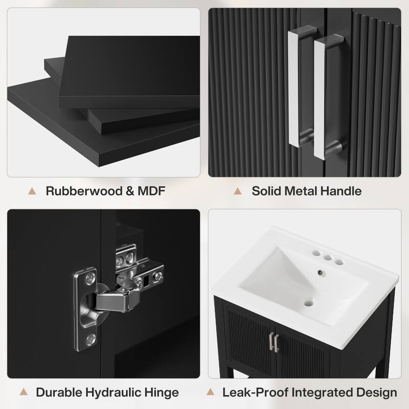 24" Single Bathroom Vanity with Ceramic Sink, Solid Rubberwood Frame & Open Storage Shelf