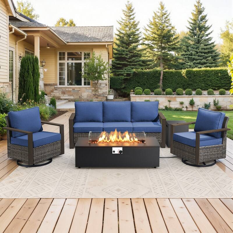 Meyreso Wicker Outdoor Patio Fire Pit Set with Swivel Gliders & 4.5-Inch Olefin Cushions