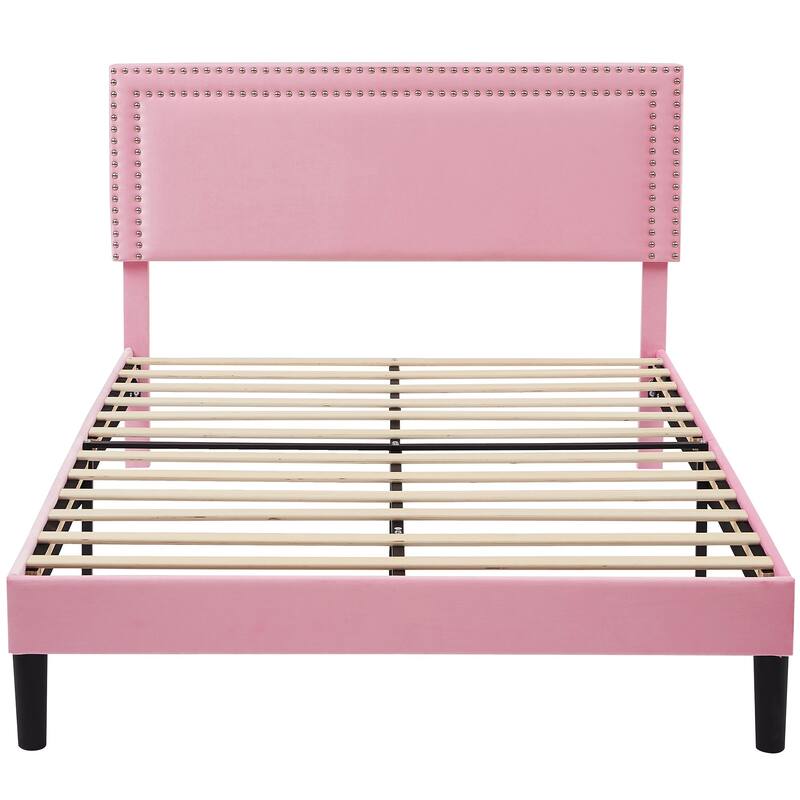 Upholstered Platform Bed Frame with Adjustable Headboard, Velvet Nailhead Trim, No Box Spring Needed