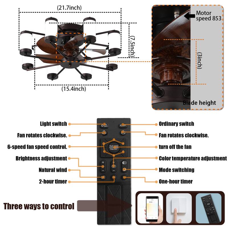 Modern Ceiling Fan Light with 5 Blades and Remote Control, Cylindrical Fixture for Bedroom and Living Room