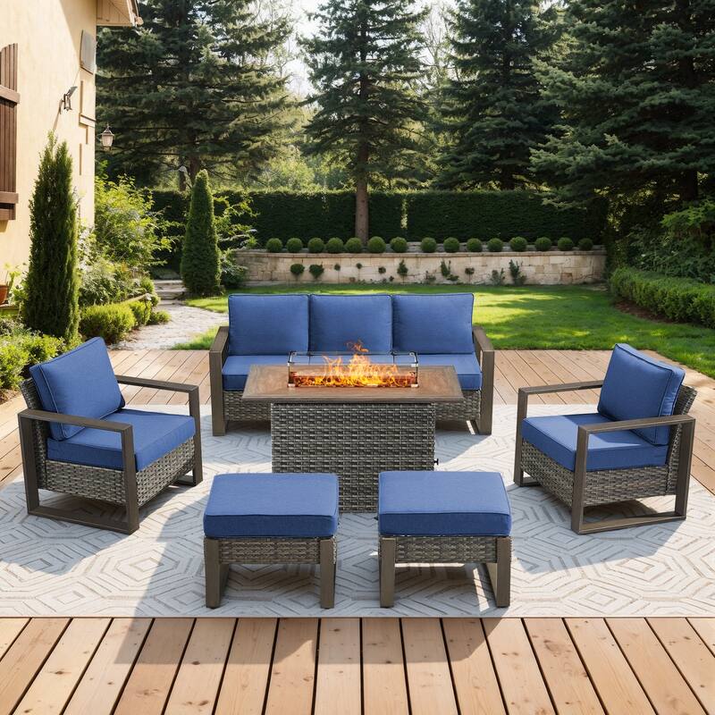 Meyreso Wicker Patio Conversation Set with Fire Pit Table & Olefin Cushions