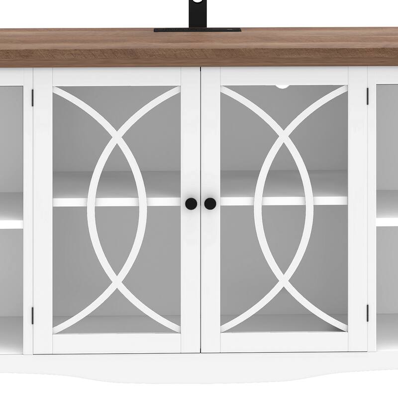 Moasis Farmhouse TV Stand with Mount for 32-70 Inch TVs, Entertainment Center with Power Outlets & Tempered Glass Doors
