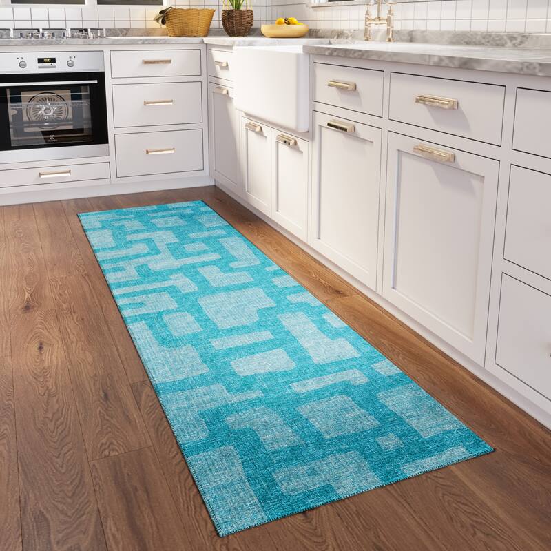 Indoor/ Outdoor Addison Yuma Modern Cobblestone Washable Area Rug - 2'3" x 7'6" - Turquoise