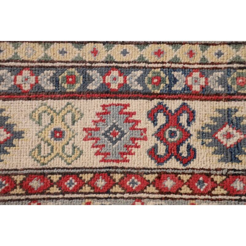 Geometric Kazak Accent Rug Handmade Red Wool Carpet - 3'2"x 5'0"