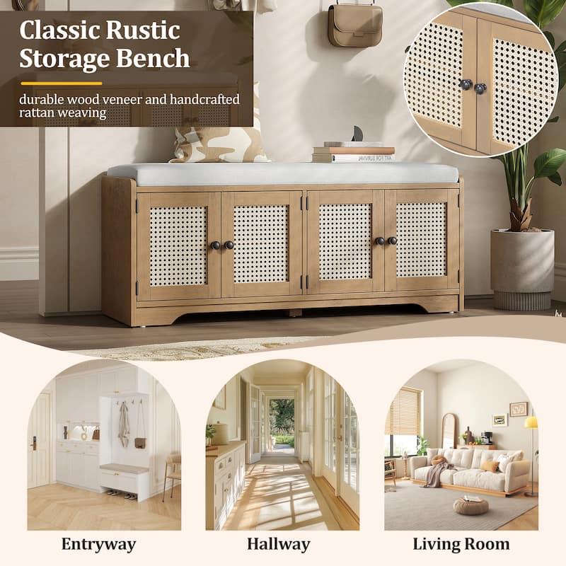 Rustic Storage Bench Multifunctional Wood Entryway Shoe Bench with Removable Cushion, Woven Rattan Doors & Adjustable Shelves