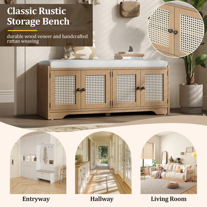 Rustic Storage Bench with Removable Cushion, Rattan Doors & Adjustable Shelf