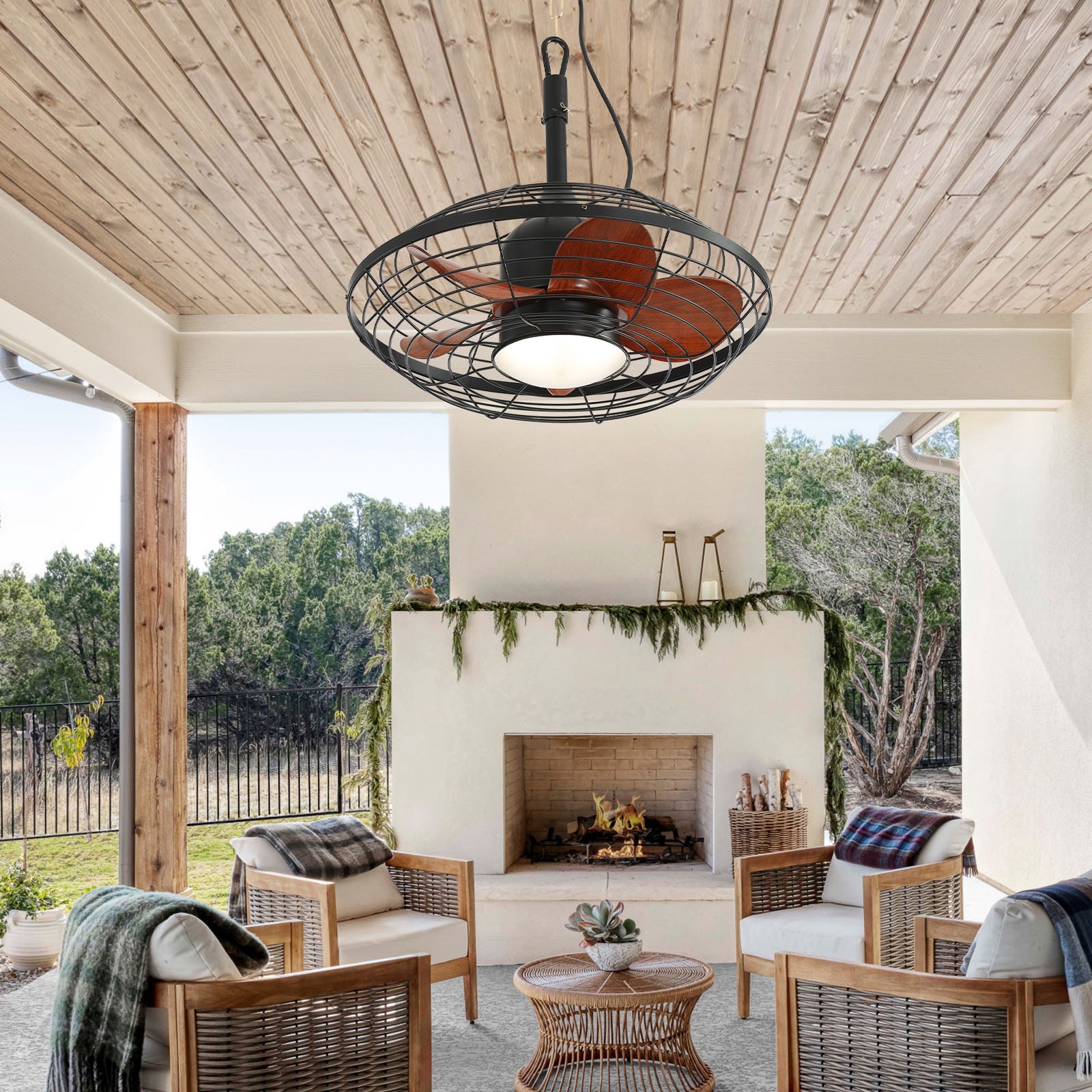20 Inch Wet Rated Caged Ceiling Fan With Light and Remote Control Dimmable LED Chandelier - 20 Inches