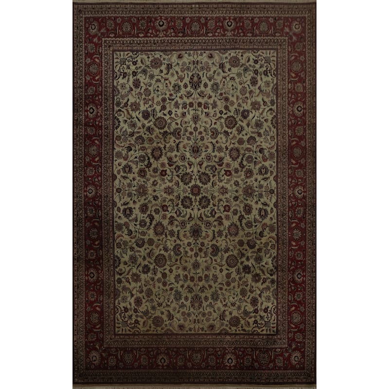 Hand Knotted Oriental 100% Wool Carpet Traditional All-Over Beige & Ivories Kashan Area Rug - 12' 7'' X 9' 1''