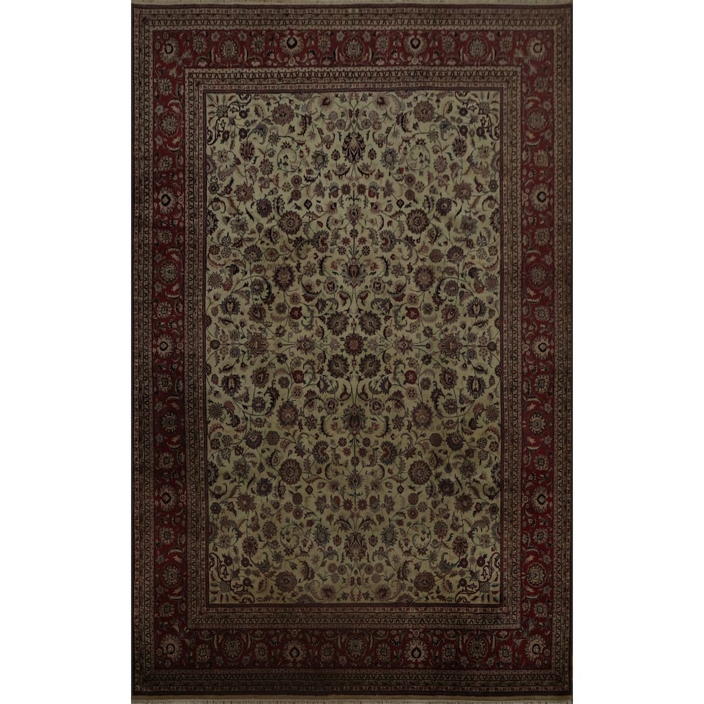 Hand Knotted Oriental 100% Wool Carpet Traditional All-Over Beige & Ivories Kashan Area Rug - 12' 7'' X 9' 1''