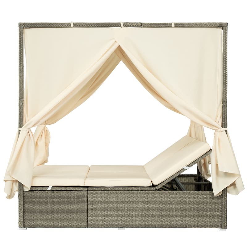 Outdoor Patio Rattan Canopy Daybed Sunbed with Curtain and Adjustable Seat