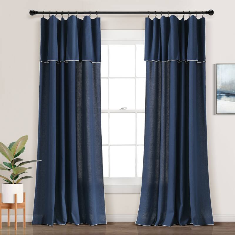 Lush Decor Modern Faux Linen Embroidered Edge With Attached Valance Window Curtain Panels Set - Navy - 84" x 52"
