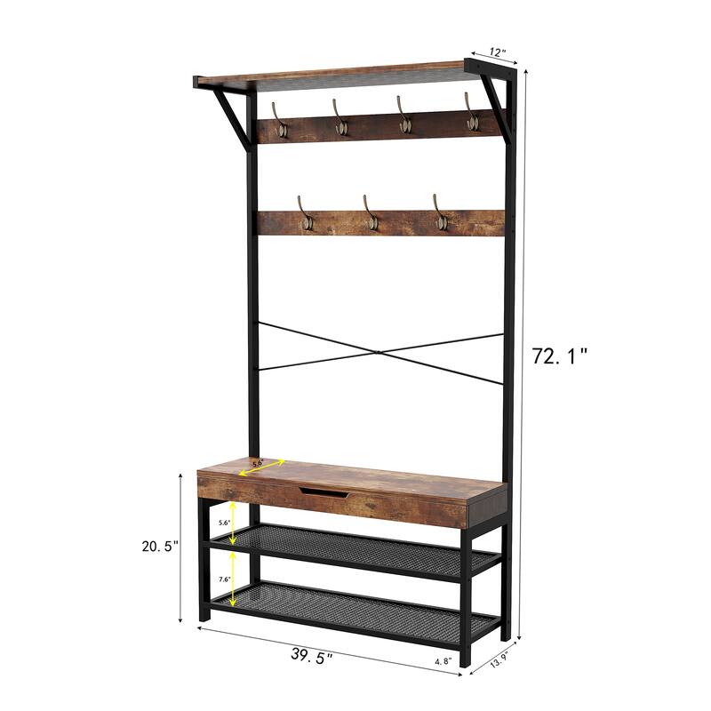 4 in 1 Hall Tree, Entryway Bench with Coat Rack, Shoe Bench