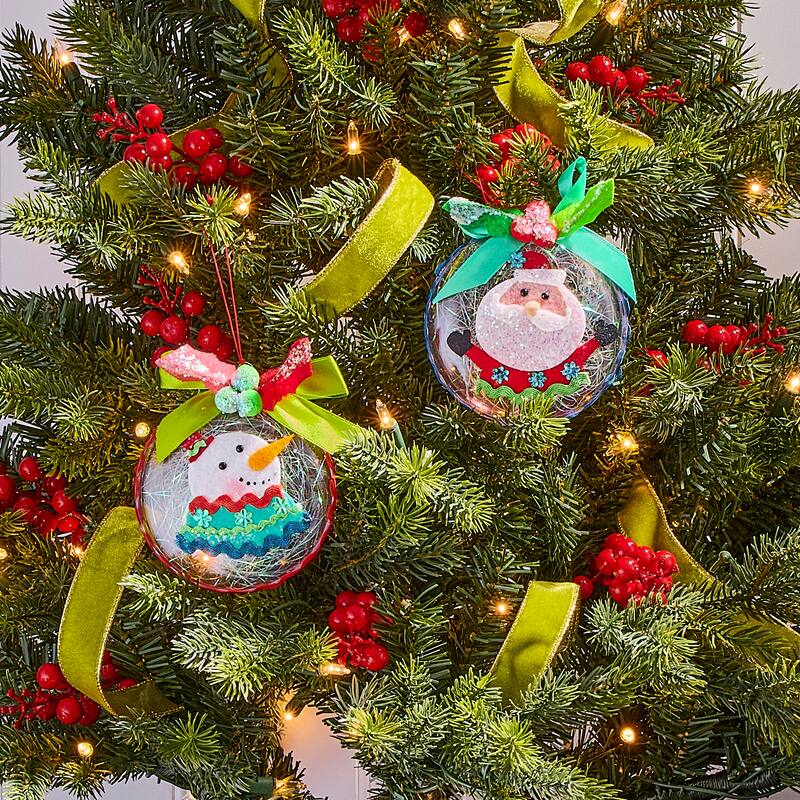 4.5" Disk With Felt Snowman Santa Ornament Set of 2