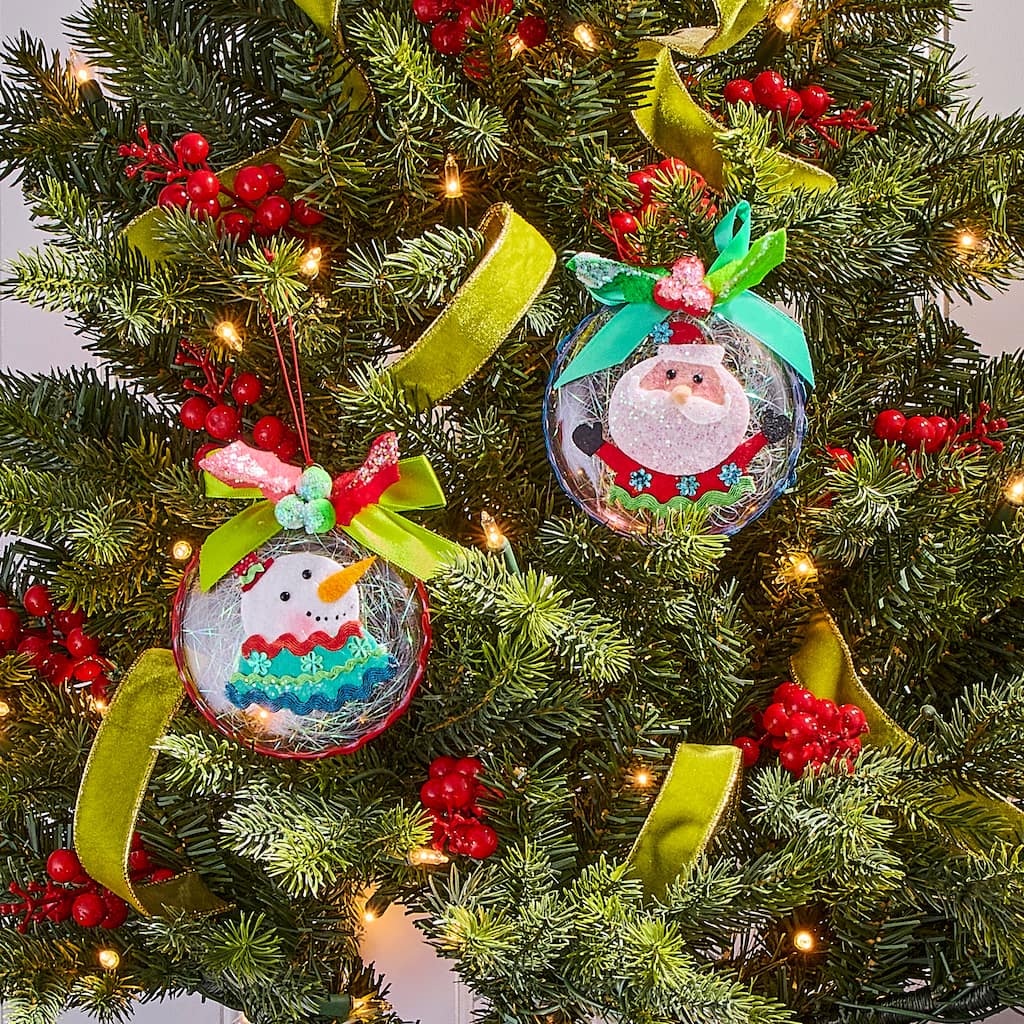 4.5" Disk With Felt Snowman Santa Ornament Set of 2