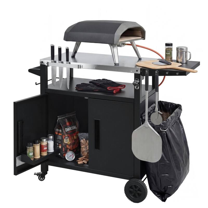 Outdoor Kitchen Island Grill Cart with Pizza Oven Table, Stainless Steel Top & Waterproof Cover