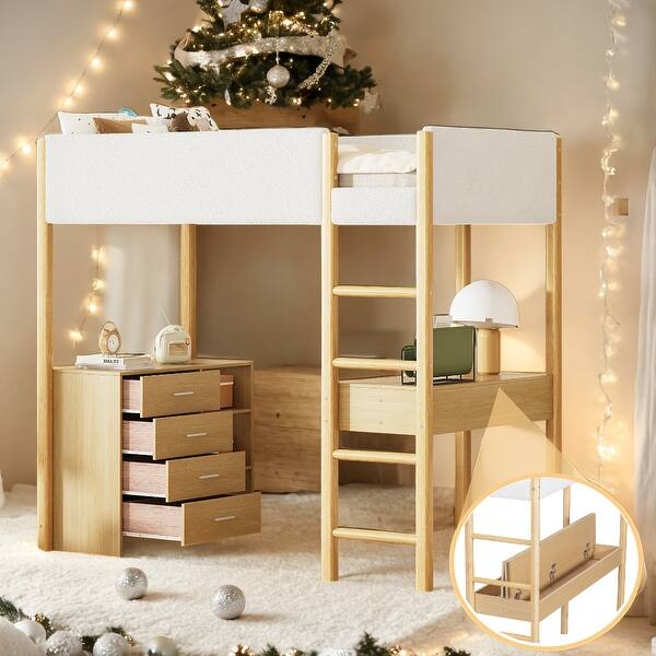 slide 2 of 27, Twin Size Loft Bed Wood Bed With Storage Shelf,Drawers and Desk Natural