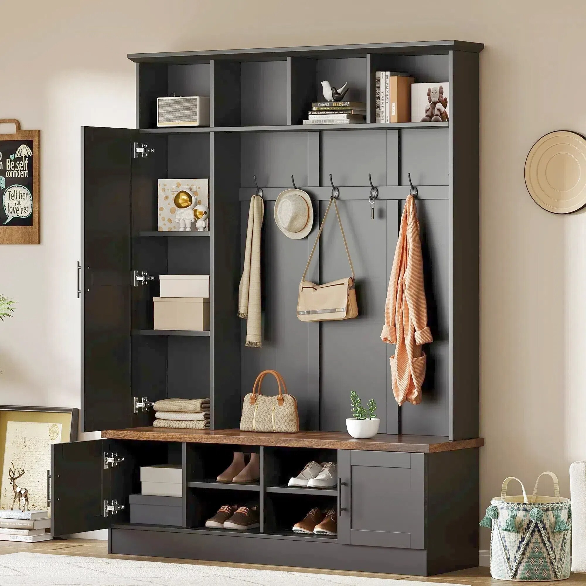 3-in-1Hall-Tree,-Storage-Bench