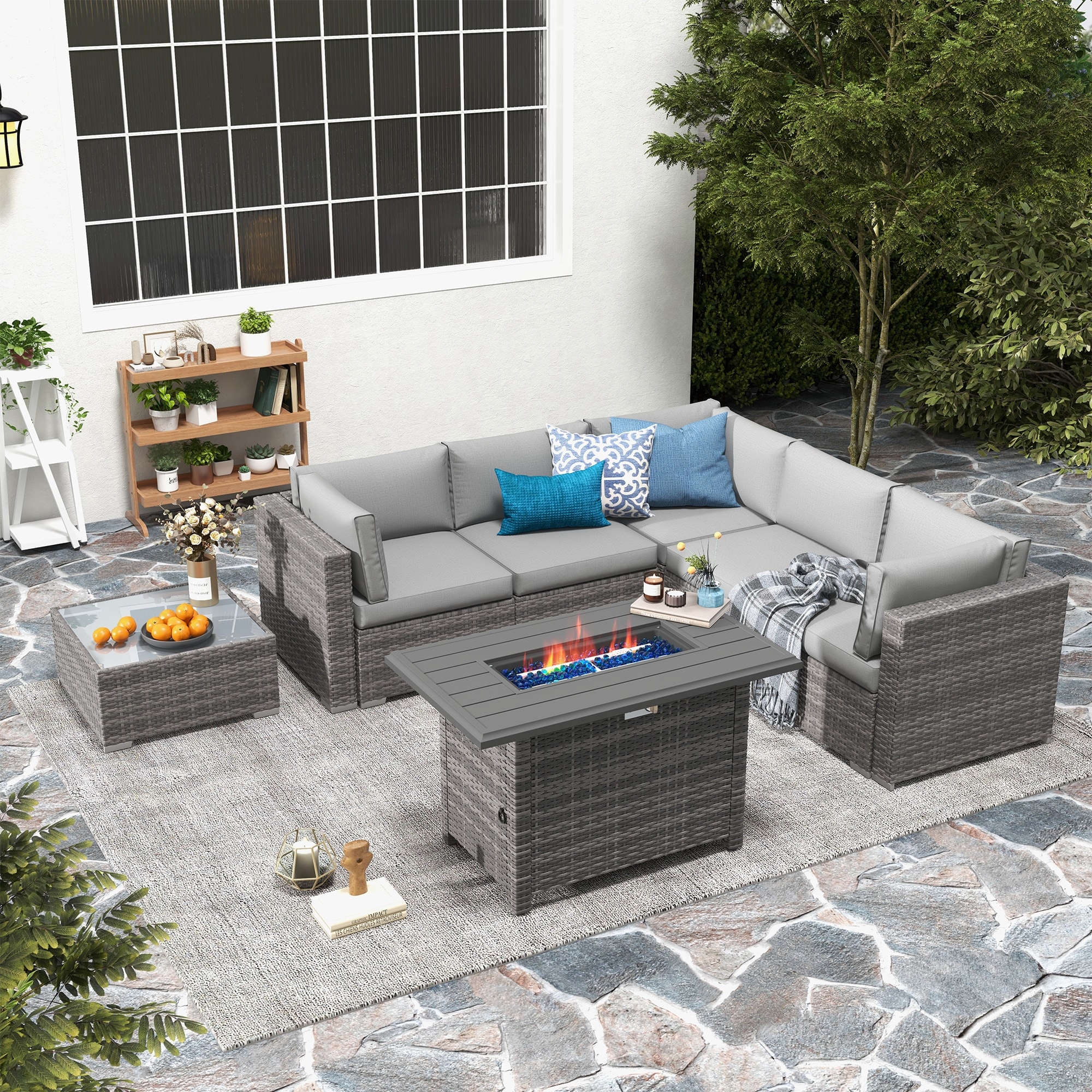 7 Piece Wicker Set Patio Sofa Furniture with Fire Pit And Table
