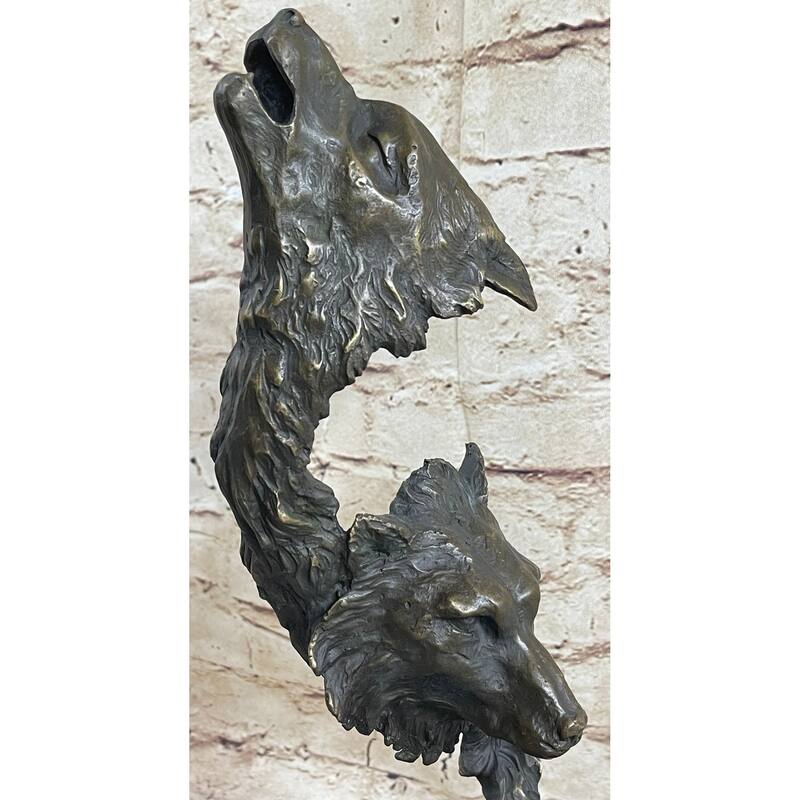 Signed Original Kanaev Two Wolves Imitative Wolf Head Wildlife Bust Bronze Sculpture Gift