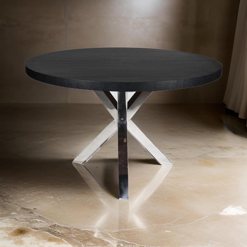 Emi 47 Inch Round Dining Table, X- Cross Metal Base, Black Wood, Silver