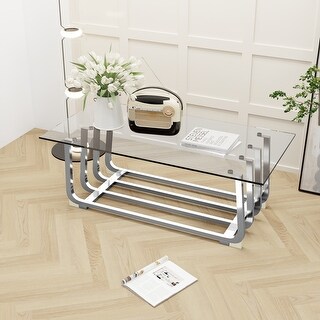 Alazyhome Glass Top Coffee Table Silver Stainless Steel Rectangular ...