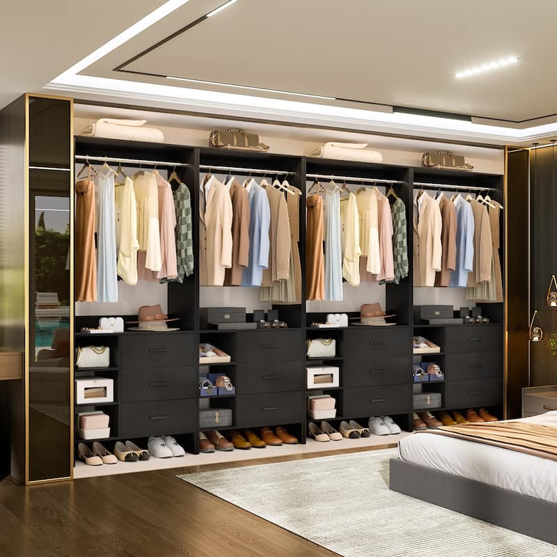 Cimly 30'' W Freestanding Closet System with Hanging Rod, Closet Organizer with Drawers and Shelves - 4pcs - Black