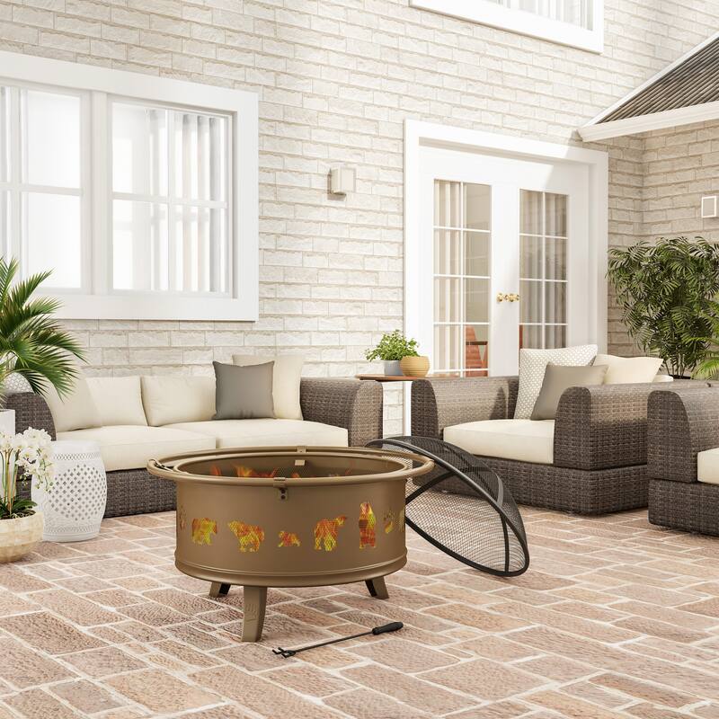 Pure Garden 32" Wood Burning Outdoor Fire Pit with Bear Cutouts - 32 x 32 x 25