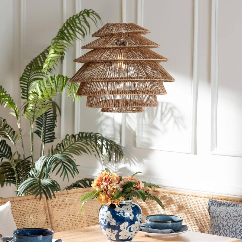 Kaede Handwoven Jute Pendant Lampshade - Coastal Boho Ceiling Light Cover with Tiered Design