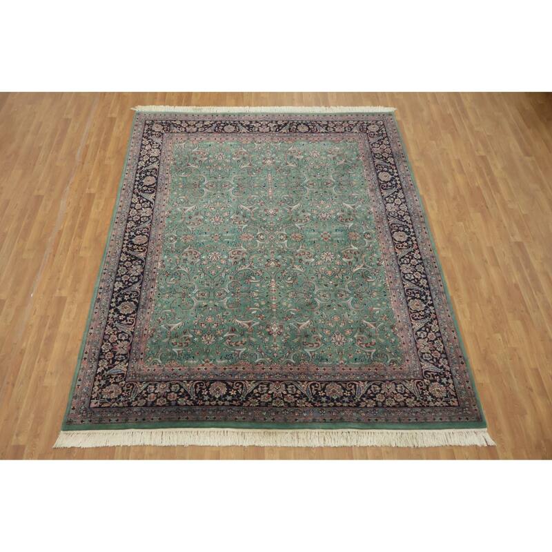 Hand Knotted Oriental 100% Wool Carpet Traditional All-Over Green Kashan Area Rug - 9' 11'' X 8' 1''