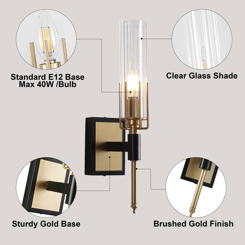 Black and Gold Wall Sconce with Clear Glass Shade E12 Base