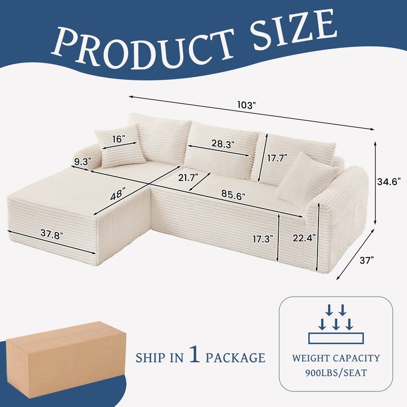 Full-Compression Chaise Lounge Set - White Corduroy Sectional with Arched Armrests