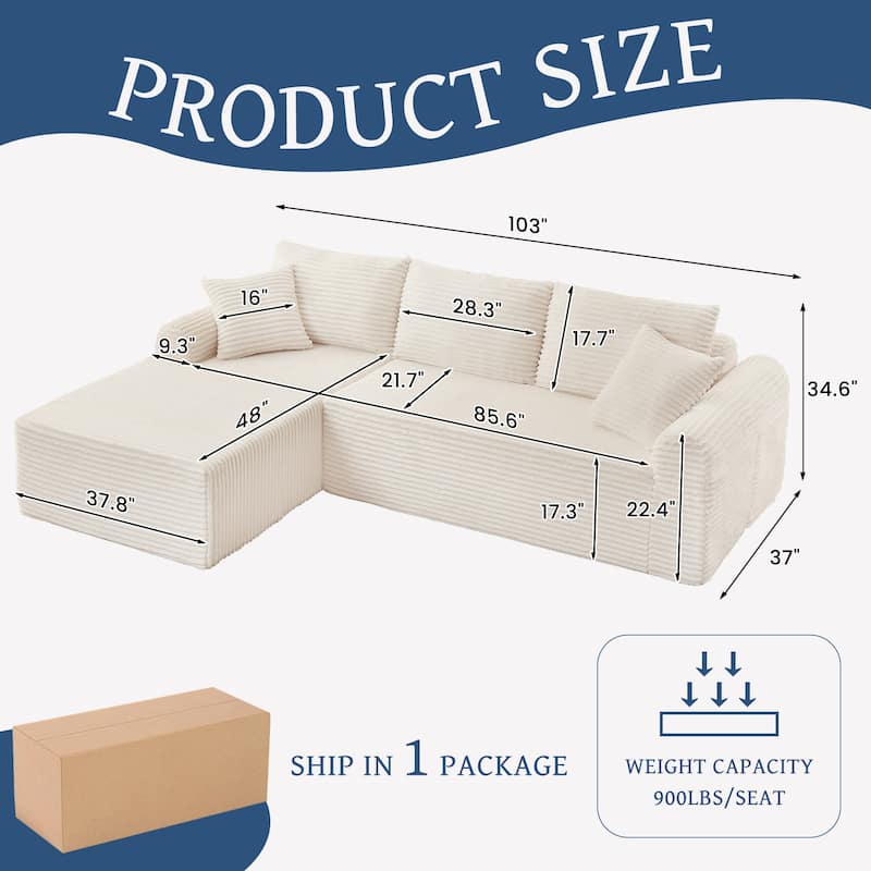 Full-Compression Corduroy Modular Sectional with Armrests & 2 Throw Pillows