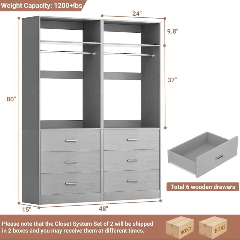 Kyrvo Freestanding Closet Sytem with 3 Wooden Drawers and Hanging Rod and Storage Shelf, Walk-in Closet Organizer Wardrobe