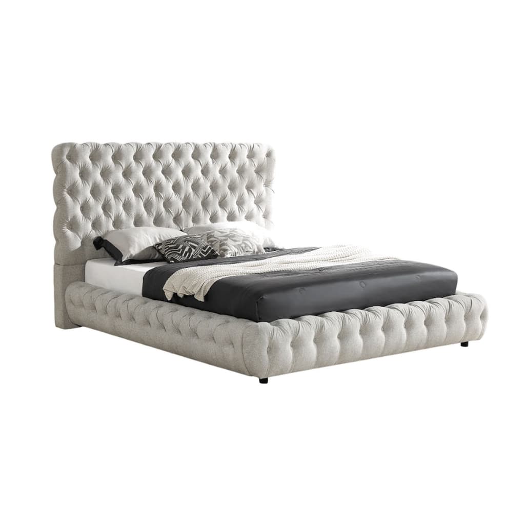 Goy Queen Size Bed, Low Profile, Button Tufted, Gray Fabric Upholstery