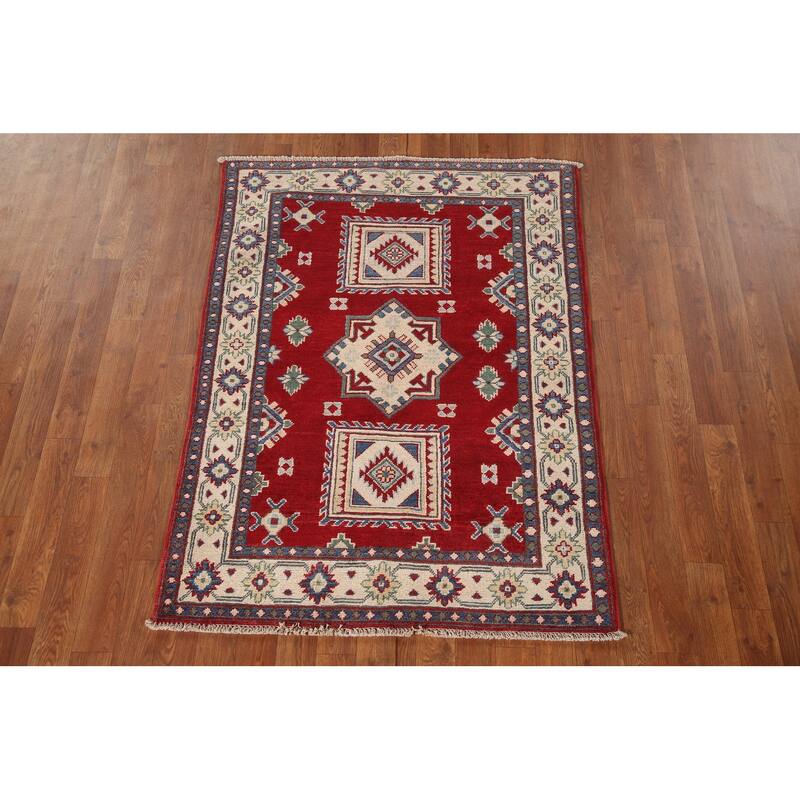 Geometric Red Kazak Oriental Accent Rug Handmade Wool Carpet - 3'3"x 4'6"
