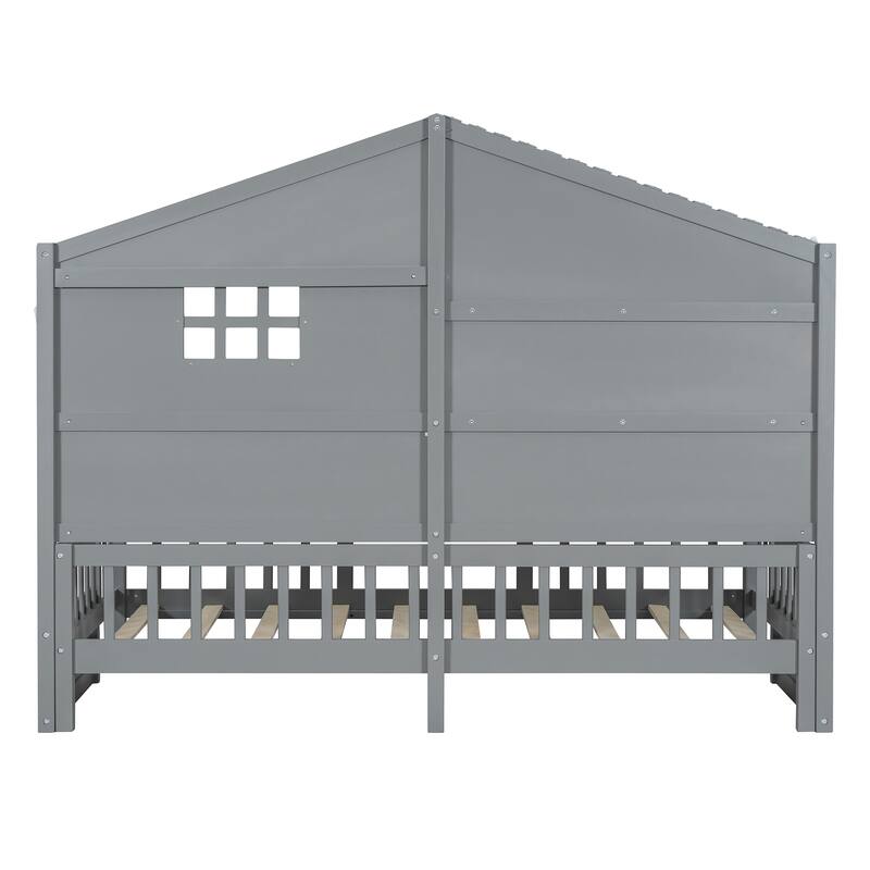 Twin Size House Bed with Shelves, Window and Sparkling Light Strip on The Roof, Kids Wood Platformbed Frame for Bedroom