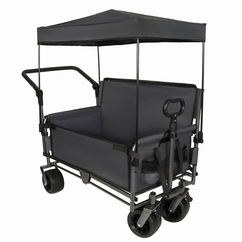 3-in-1 Folding Wagon Cart with Bench Seat & Canopy & Storage, 500lbs Heavy-Duty, 180L Capacity, All-Terrain Wagon