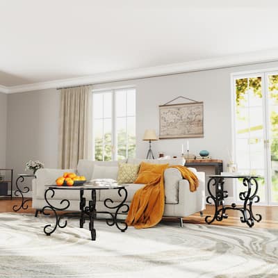 3 Piece Tempered Glass Surface Coffee Table Set, Decor Coffee Table Round End Side Table with Sturdy Construction