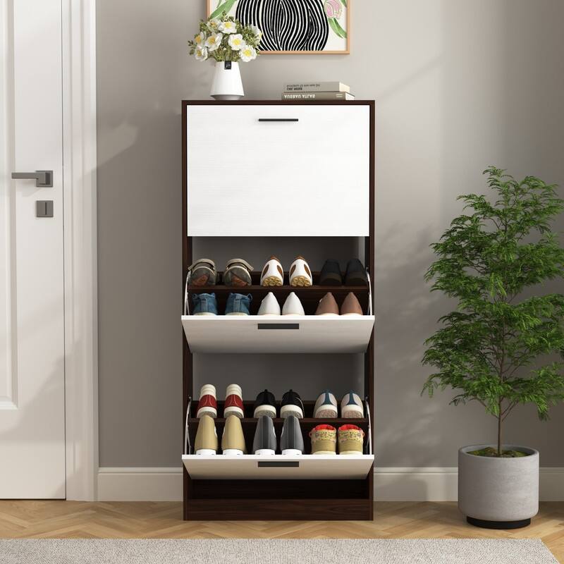 Shoe Storage Cabinet with 3 White Panel Flip Drawers, Freestanding Organizer for Entryway, Narrow Shoe Rack Cabinet