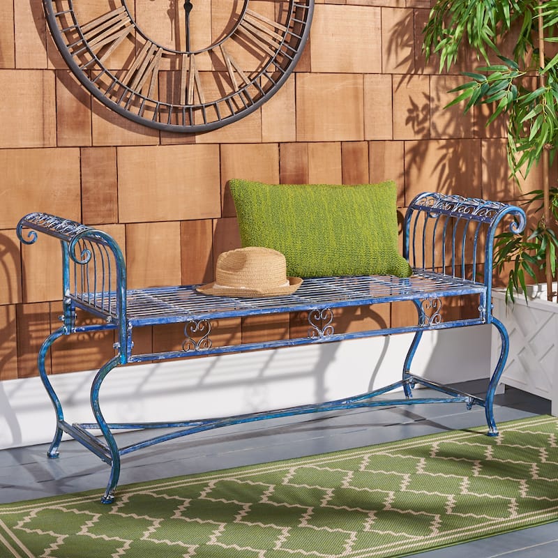 SAFAVIEH Outdoor Kyara Victorian Iron 52-inch Bench - 52Wx16Dx26H - Antique Blue