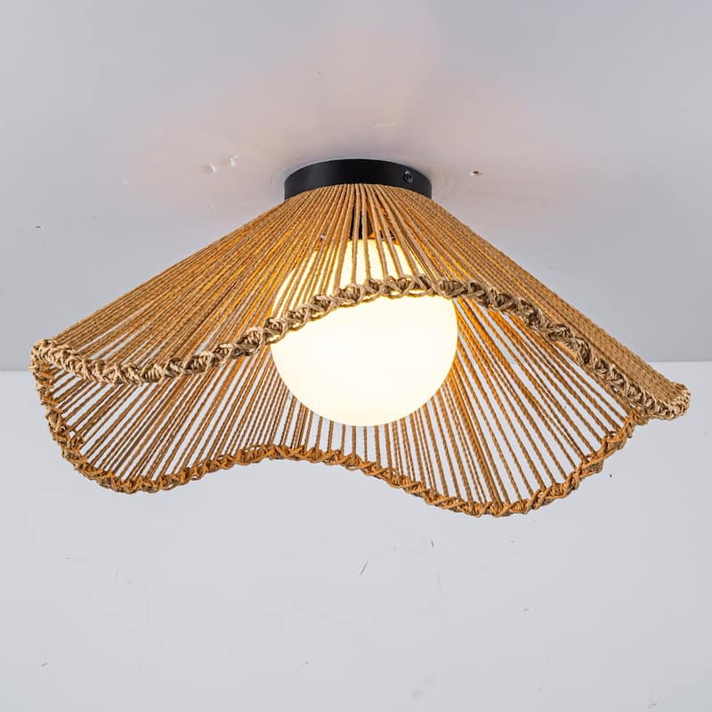 1-Light Boho Jute Rope Flush Mount Ceiling Light - Scalloped Natural Fiber Fixture for Bedroom - 1 Light