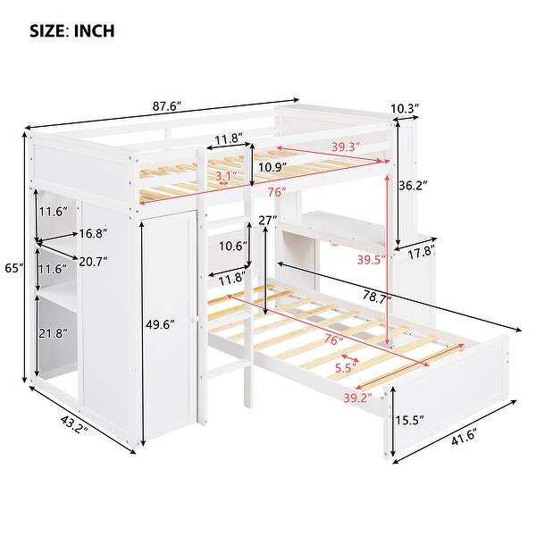 dimension image slide 0 of 6, Twin Over Twin Size Bunk Bed Wooden Loft Bed with Wardrobe, Desk, Shelves, Safety Guardrail and Ladder