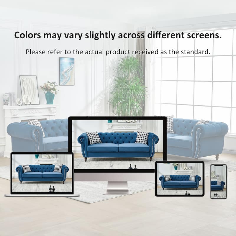 Roomfitters 85" + 65" Classic Chesterfield Upholstered Sofa and Loveseat Set, Scrolled Arm Couch with Button Back Design