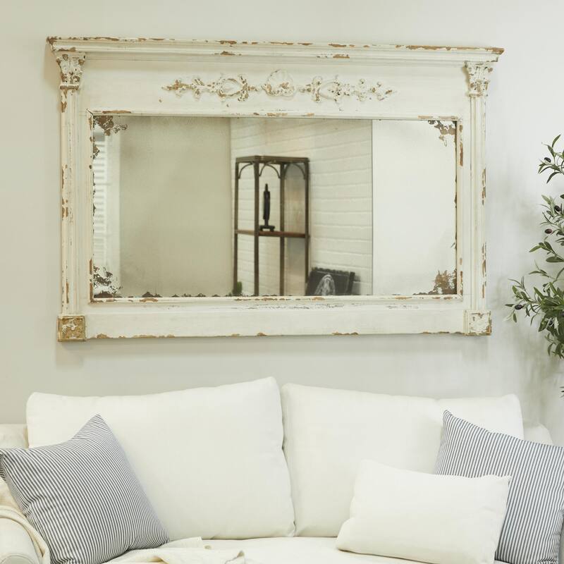 Wood Floral Carved Room Wall Mirror with Distressing - Cream - Roche River Decor