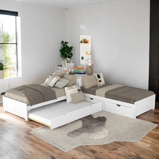 3 IN 1 L-shaped Platform Bed with Trundle and Drawers Linked with built-in desk
