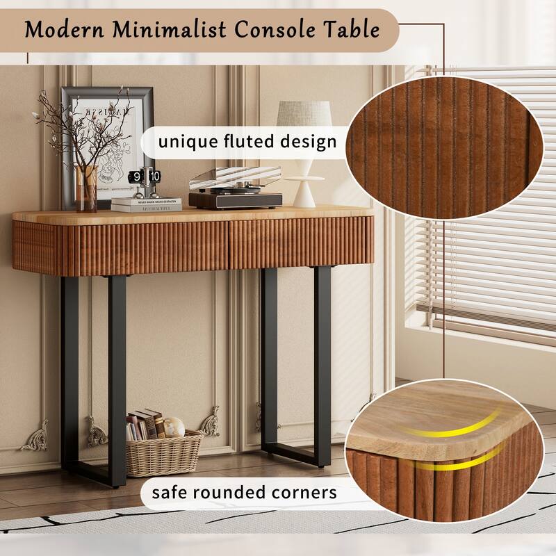 Solid Wood Entryway Table with Fluted Design,Natural+Black