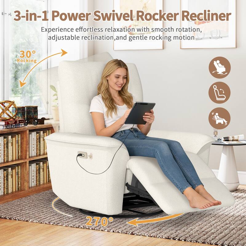 270°Power Swivel Rocker Recliner Chair w/Phone Holder, Electric Glider Reclining Sofa with USB Ports, Power Swivel Glider