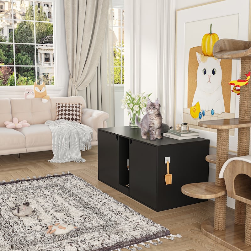 Hidden Cat Litter Box Enclosure Furniture, Cat Washroom w/Double Room