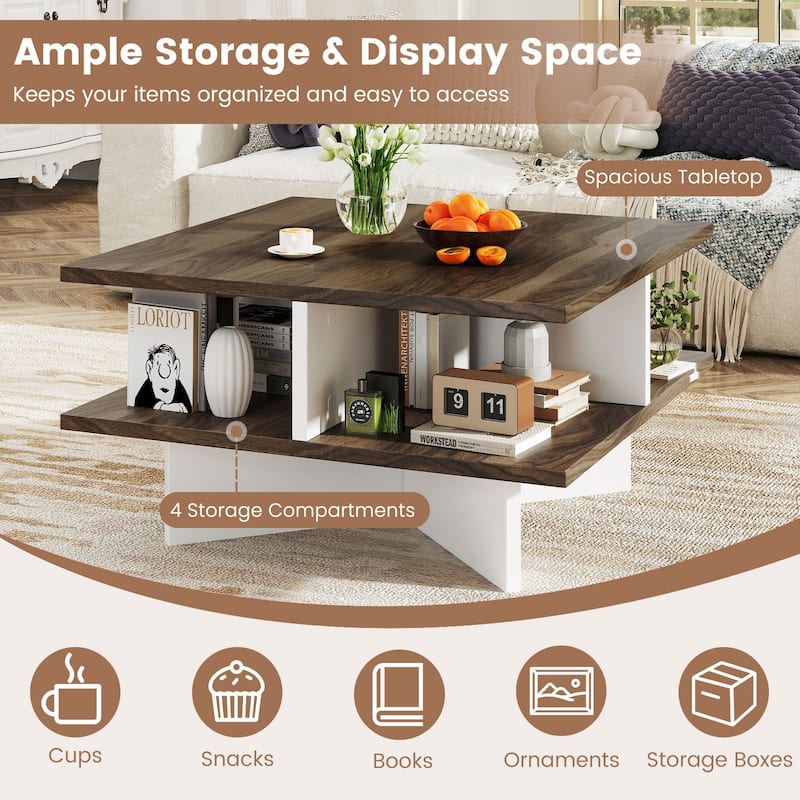 Gymax 2-Tier Square Coffee Table w/ Storage Farmhouse Modern Accent