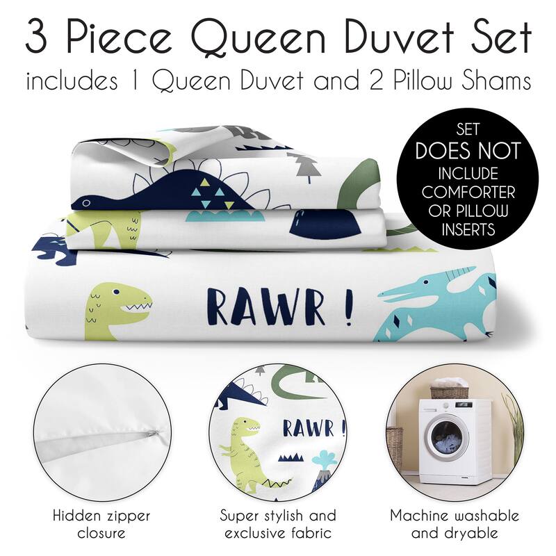 Sweet Jojo Designs Blue Green Modern Dinosaur Boy Queen Duvet Cover Bedding Set Turquoise Boho Bohemian Mod Dinosaurs Grey White